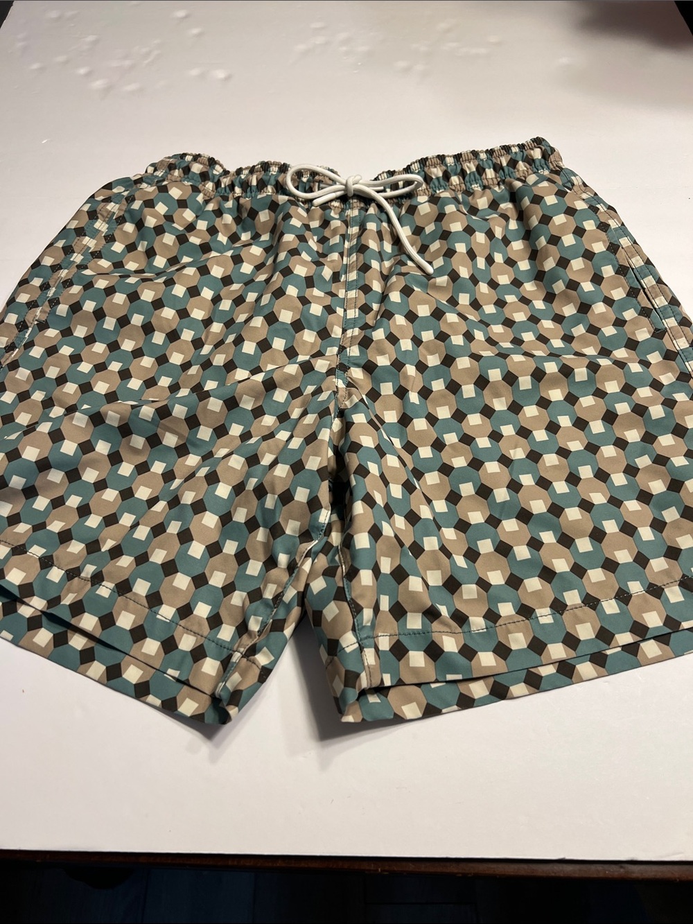 Express Men's Geometric Swim Trunks in Teal, Tan, and Cream